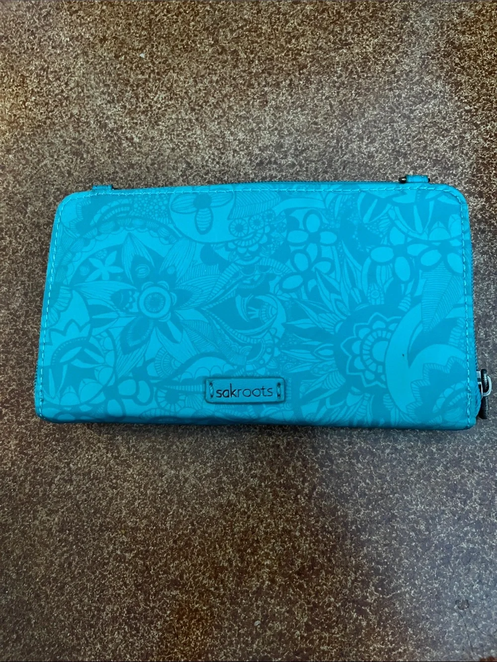 Sakroots Nylon Teal Floral-Print Zip Wallet with Snap Strap